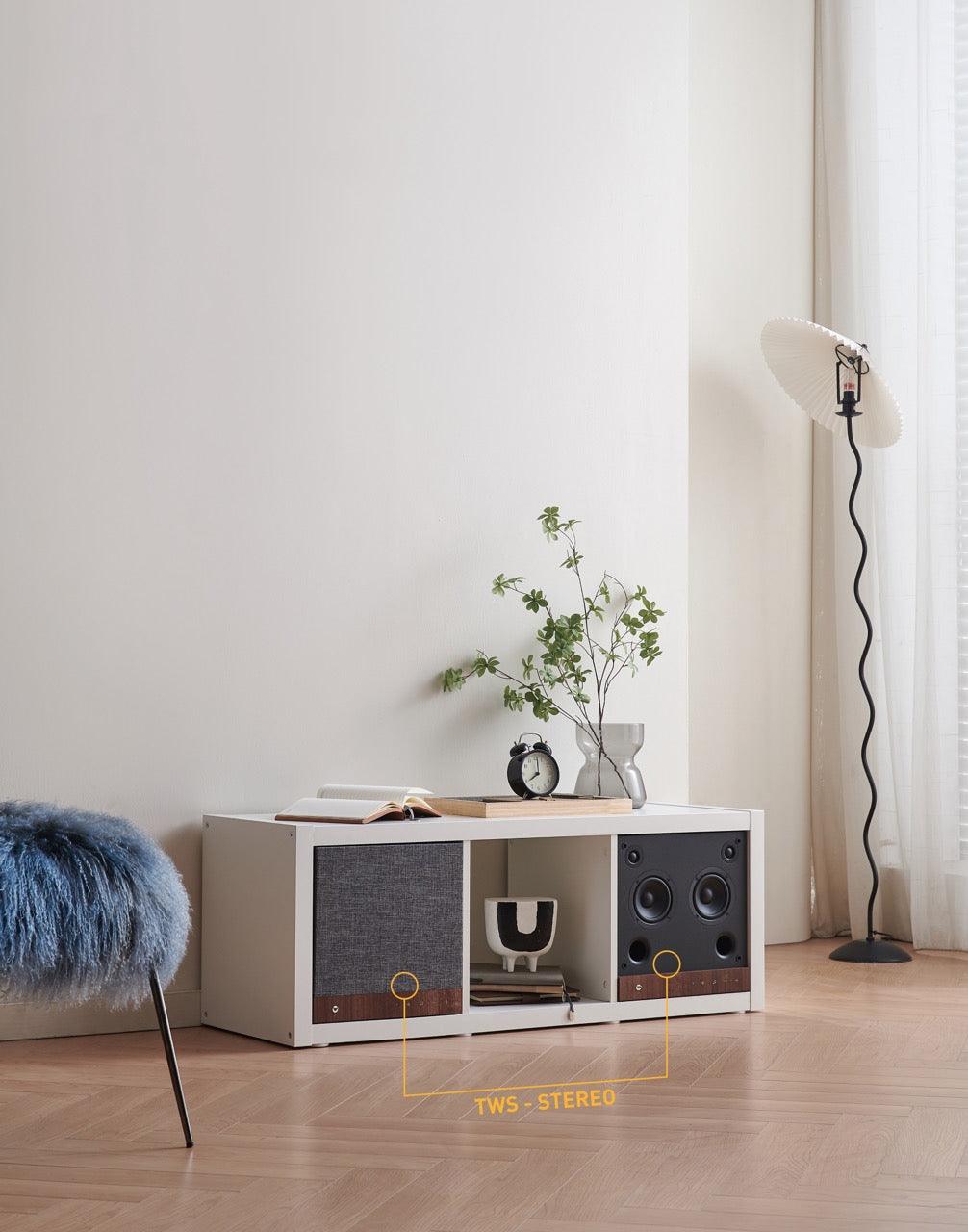 Głośnik Tangent Spectrum Square na pólce Ikea