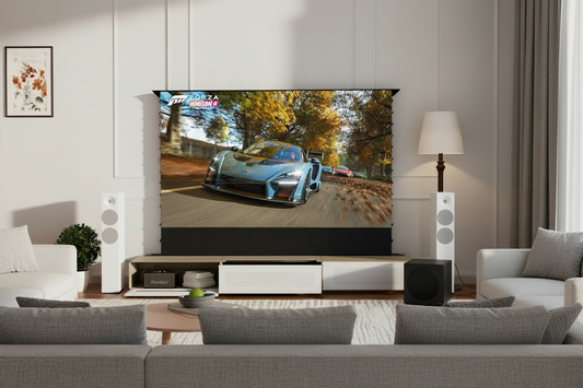 Profesjonalne kino domowe z głośnikami, subwooferem i szafką RTV w nowoczesnym salonie