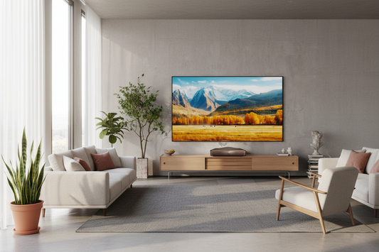 Ekran projekcyjny ALR w jasnym salonie z projektorem UST - kinowy obraz w dzień