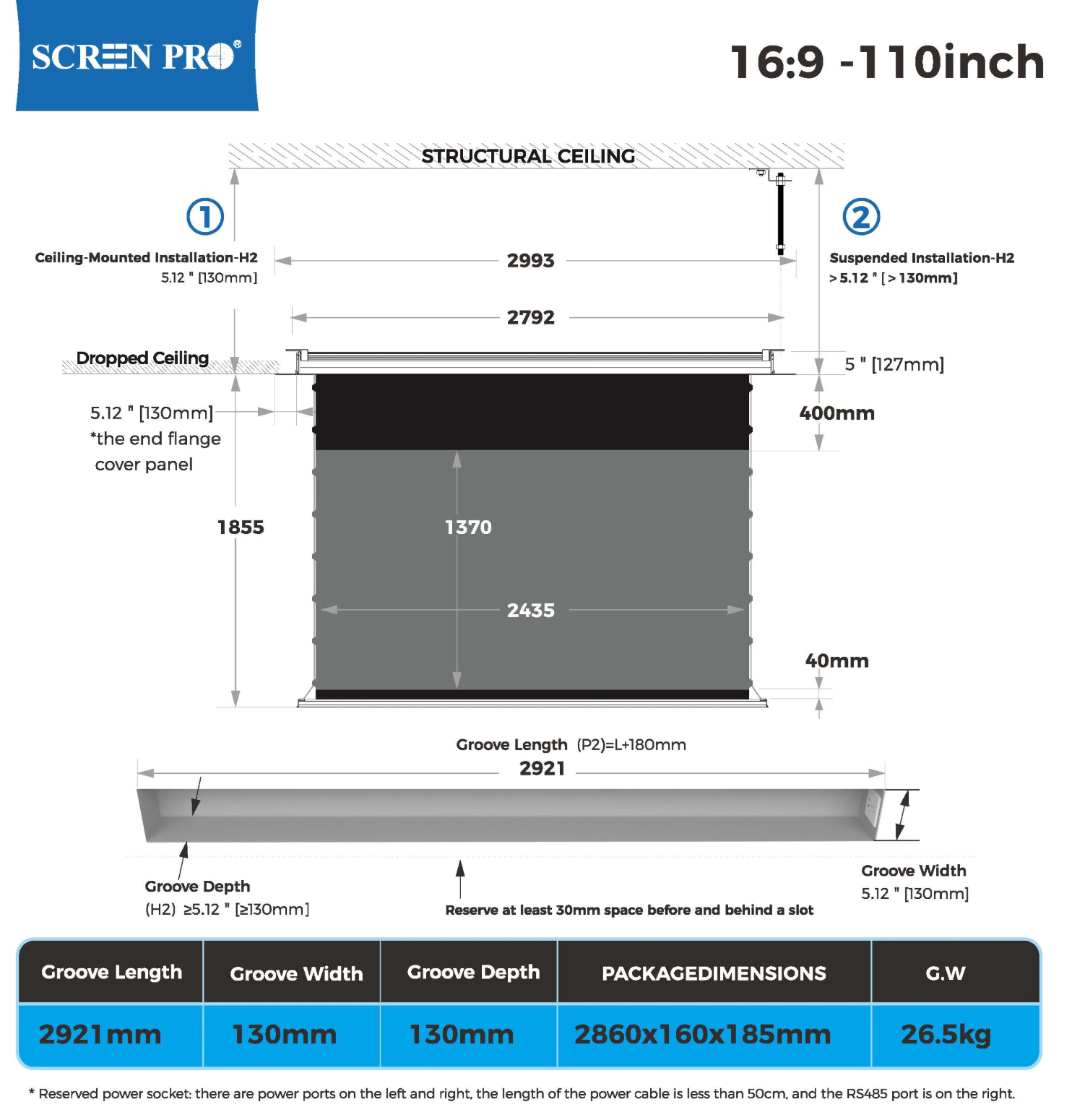 In-Ceiling ALR Screen AI 150" — widok całości opuszczonego ekranu | SounDemo