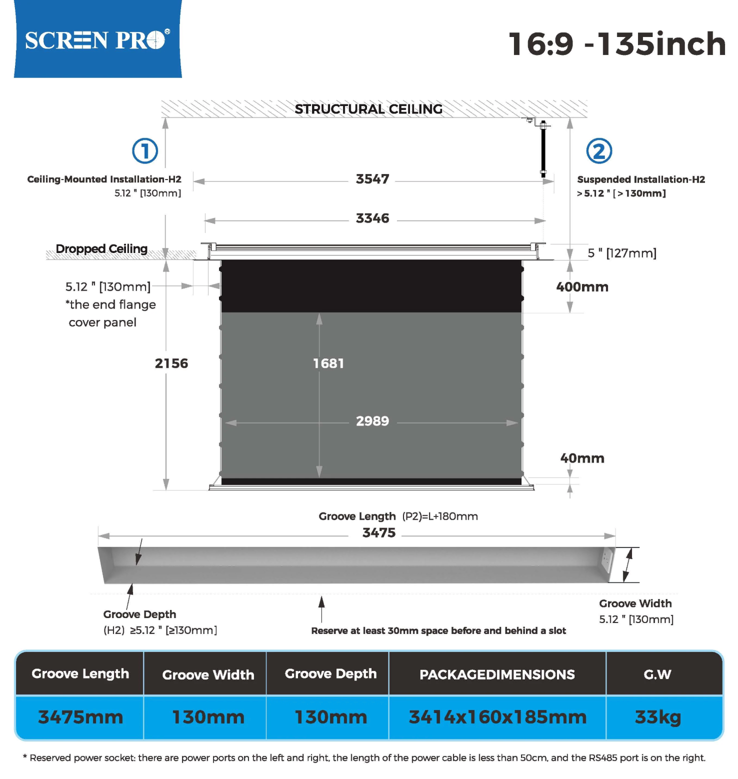 In-Ceiling ALR Screen AI — detal kasetonu sufitowego i obudowy | SounDemo