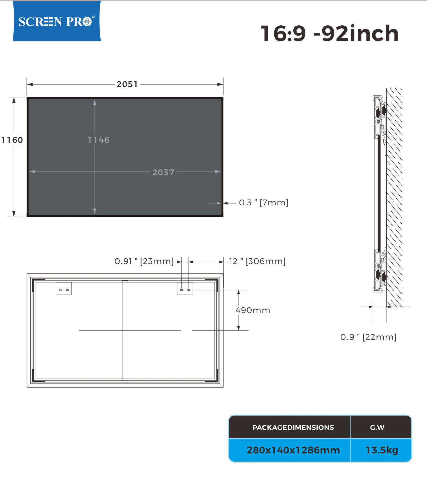 Ekran 3C Fixed Frame — tabela wymiarów SCREENPRO Ultra Thin specyfikacja techniczna | SounDemo