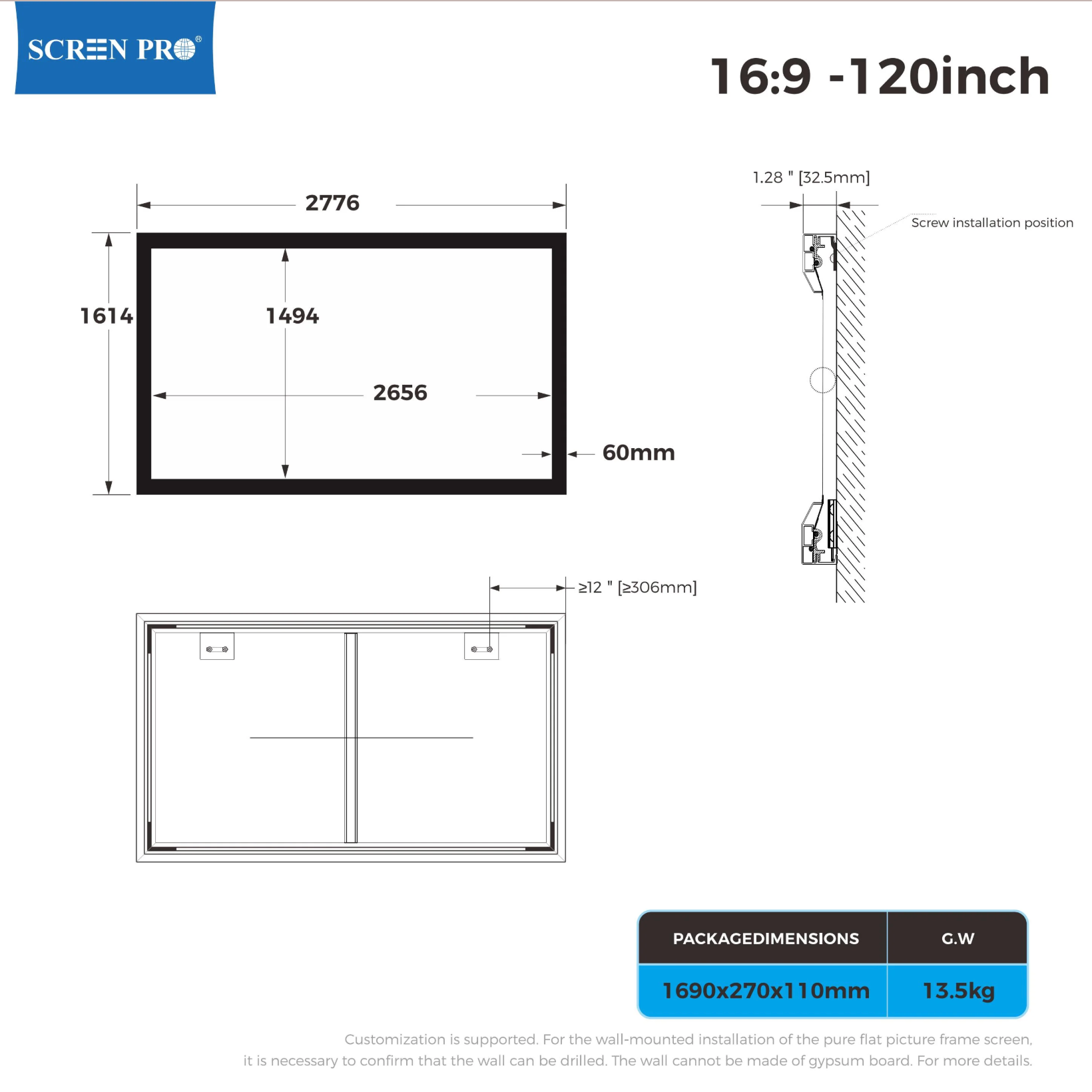 Ekran FP Series 8K ready – widok boczny profilu ramy 3,3 cm