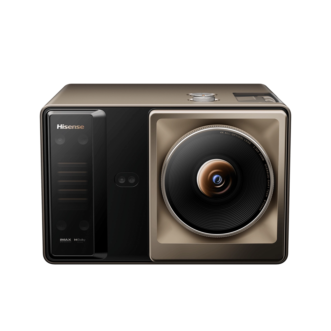 Hisense XR10 — widok z przodu pod kątem, obudowa w kolorze brązowego złota z dużym obiektywem 4K