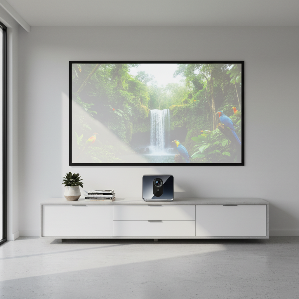 Formovie X5 na szafce z projekcją na ekranie