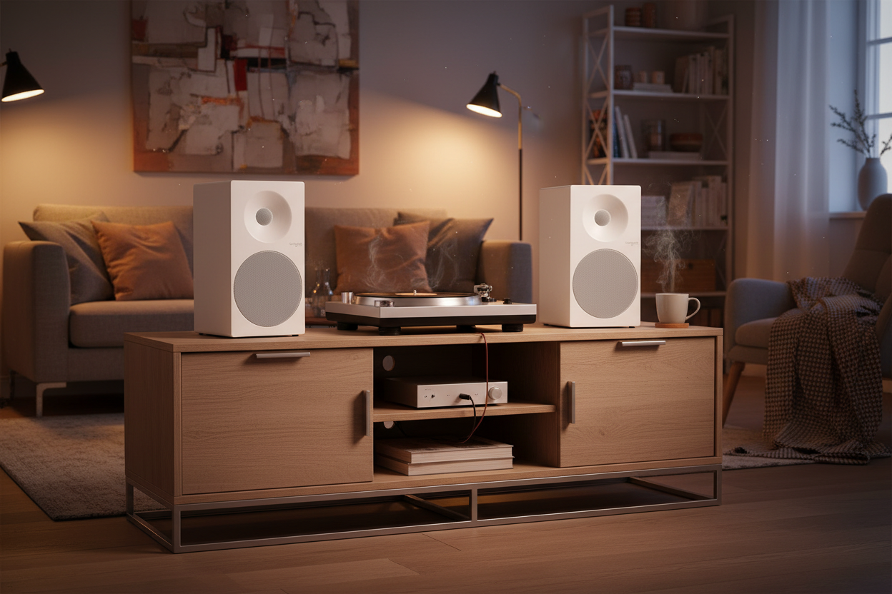 Głośniki Tangent Spectrum II X5 w białej wersji w salonie