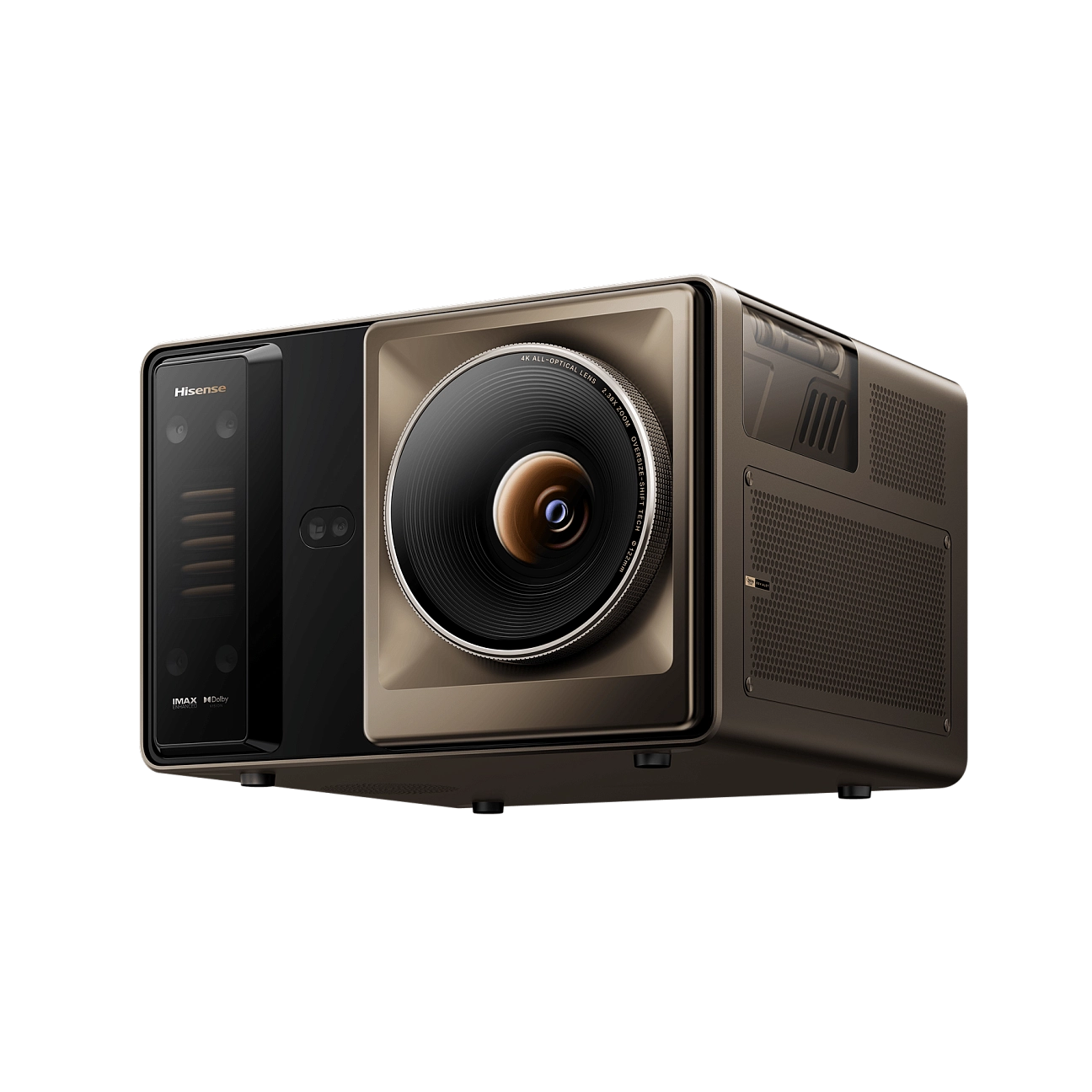 Hisense XR10 — widok z boku, metalowa obudowa z kratką wentylacyjną i obiektywem 4K All-Optical