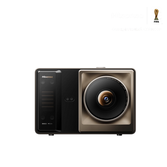 Hisense XR10 — projektor laserowy 4K, widok z przodu, obiektyw All-Optical 2,38x zoom, certyfikaty IMAX i Dolby